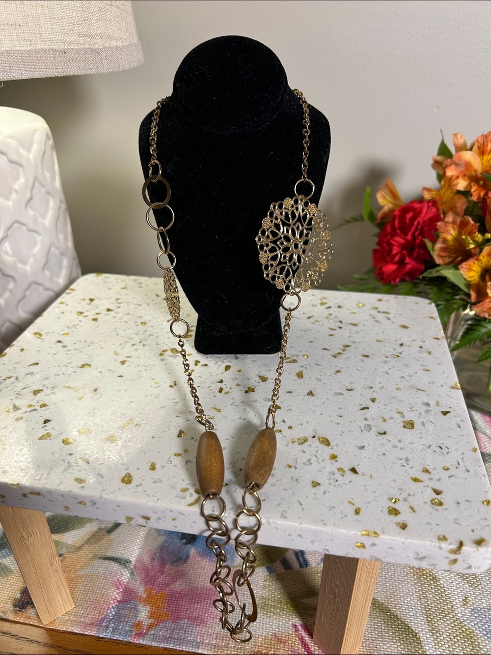 Source Unknown Gold Filigree & Wood Bead Long Necklace 30”